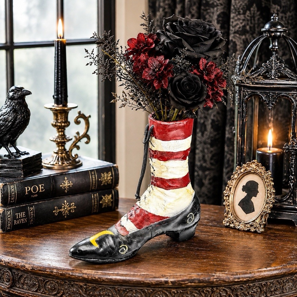 Witch Resin Boot Vase 11" Whimsy Goth Crescent Moon Halloween Witchy Decor